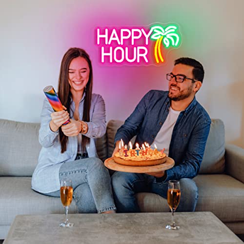 Happy Hour Neon Signs Coconut Palm Tree Pink Neon Bar Light Sign
