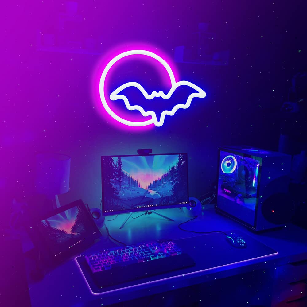 Neon Signs, Moon and Bat LED Neon Lights, Neon Light Sign for Wall Led Neon Sign for wall decor, bedroom, Kids Gift, Living Room, Bar, Party, Christmas, Wedding, Halloween