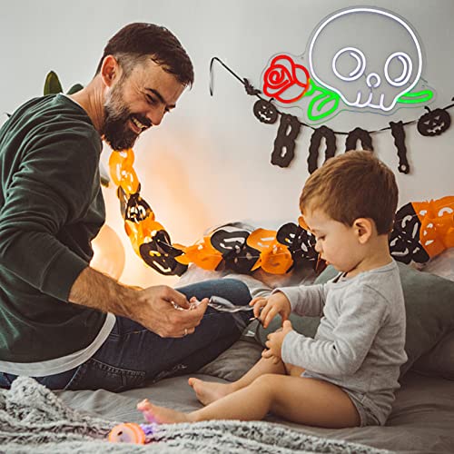 Skull Neon Signs Skeleton Flower Neon Light LED Neon Light Sign Ghost Wall Night Lights Cool Neon Sign Decor for Room Bedroom Bar Christmas Halloween Birthday Party