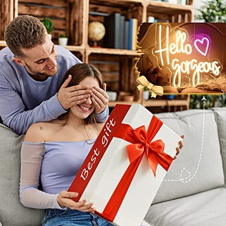 Neoon Art "Hello Gorgeous" Neon Signs for Wall Decor, Led Neon Sign for Birthday Bar Signs Wall Room Decorations White Neon Light With Brightness Controller (Warm White)