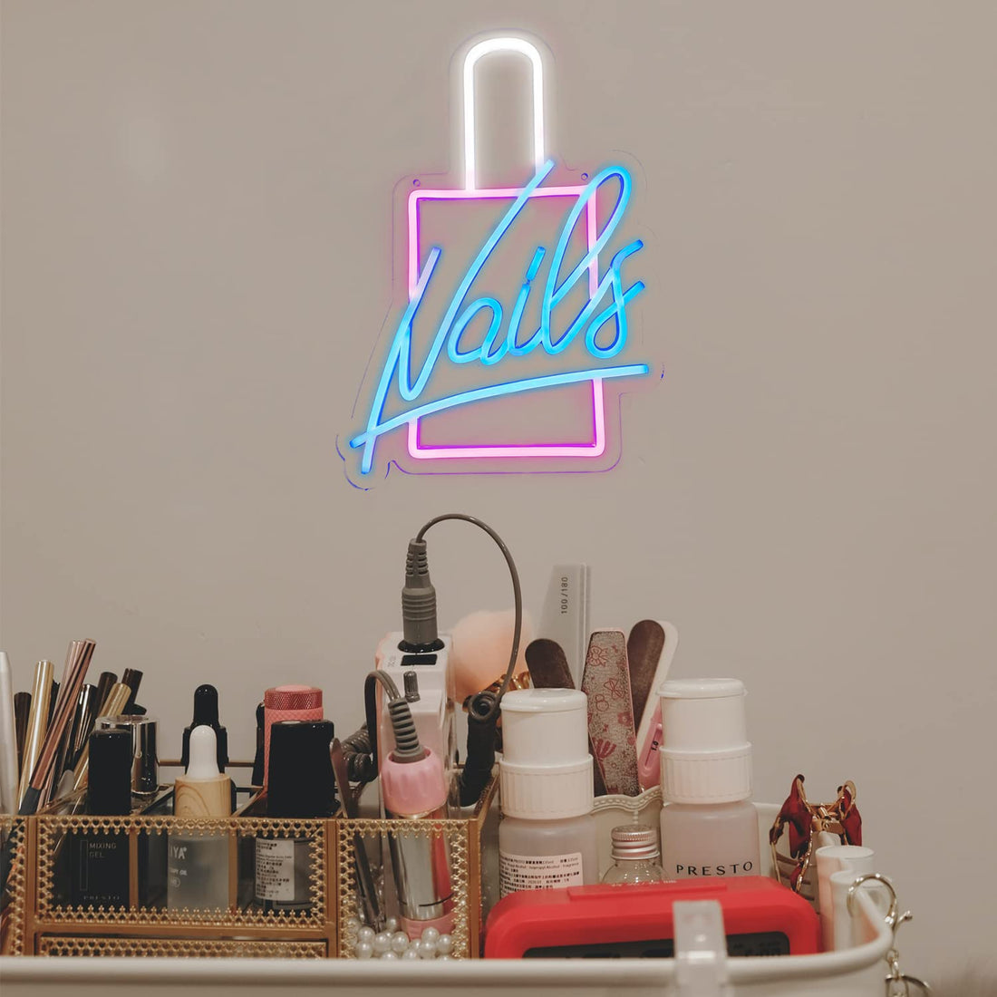 Nails Neon Sign LED Neon Light Signs Nail Polish Light Up Signs for Wall Decor Colorful Acrylic LED Wall Sign Pink Neon Lights for Bedroom Beauty Room Girly Room Nails Salon Decor