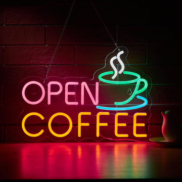 Coffee Open Neon Sign for Wall Décor Dimmable Business Shop
