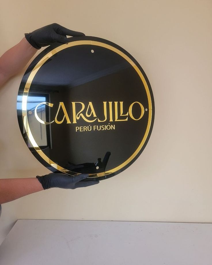 Matte Black Acrylic Signboard With  Golden Letters And Logo - Full Customization Available