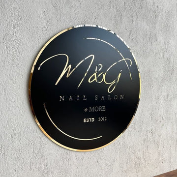 Matte Black Acrylic Signboard With Golden Letters And Logo - Full Customization Available