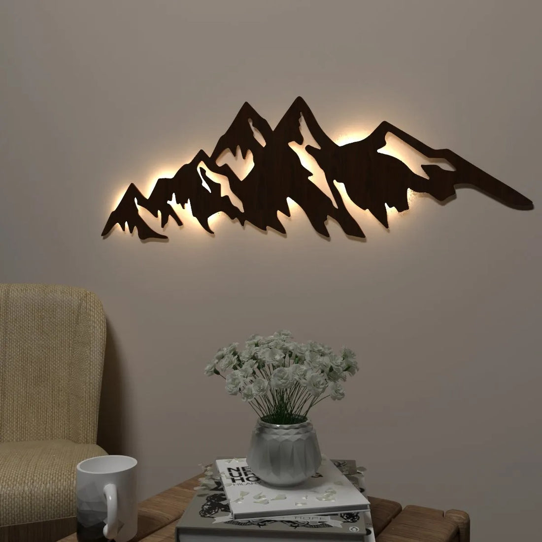 Mountain Backlit AcryliWall Art / Night Light, Walnut Finish