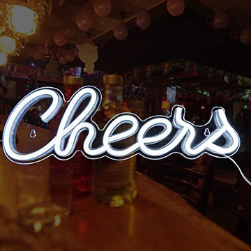 LED Neon Cheers Sign Light Up Letters Neon Sign for Home Bar Decor Moulded Acrylic Neon Light Wall Sign USB Operated with Switch Party Lights (Cool White)