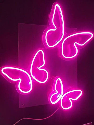 Neoon Art Set of 3 Butterflies, Our neon Signs Comes with a Transparent Acrylic Base for The Support and Finished Look., Colour: Pink neon Sign