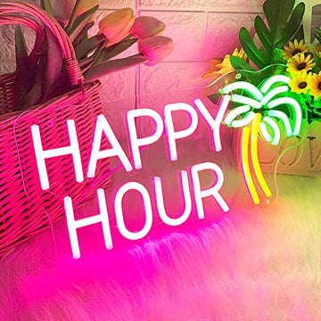 Happy Hour Neon Signs Coconut Palm Tree Pink Neon Bar Light Sign